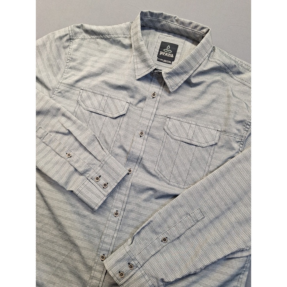 Prana Mens XL Gray Plaid Performance Hiking Fishing Travel Casual Preppy Office